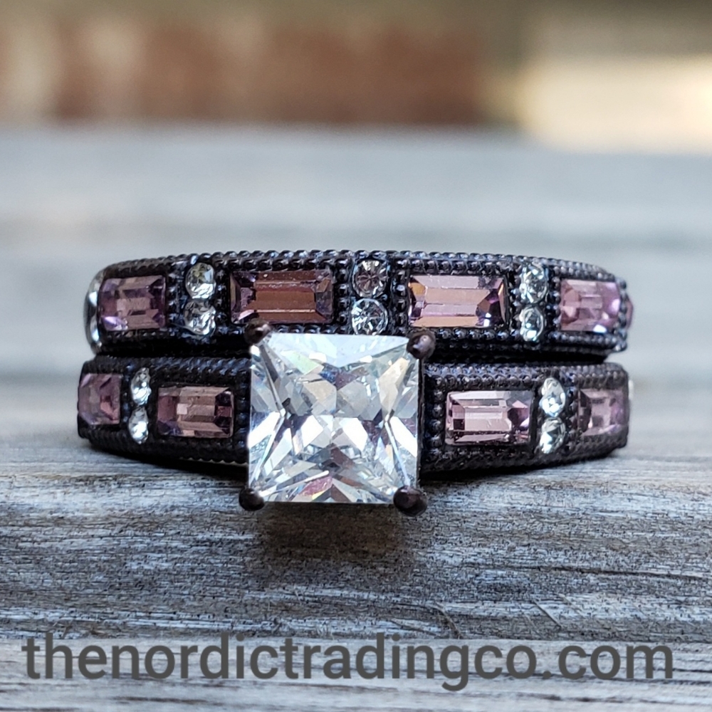 Womens Chocolate & Blush Wedding Rings Set CZ Solitaire & Matching Band Women’s
